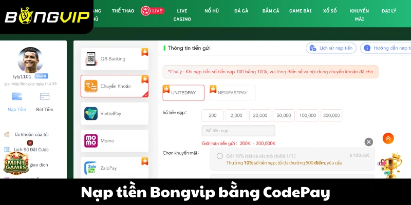 Nạp tiền Bongvip bằng CodePay