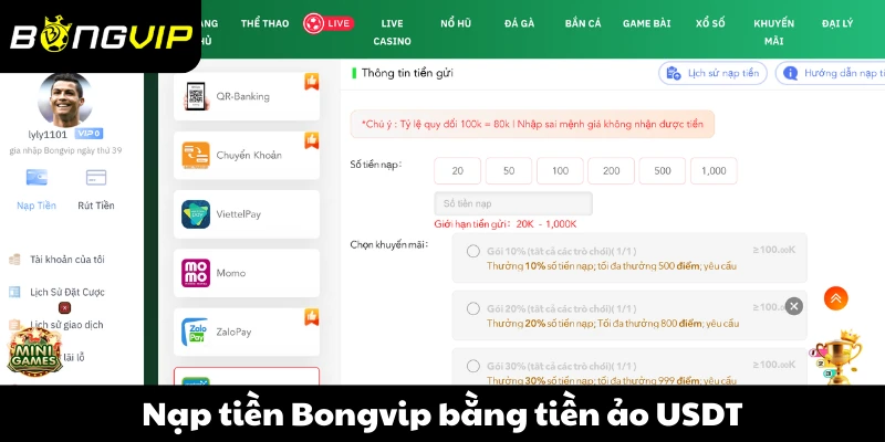 Nạp tiền Bongvip bằng tiền ảo USDT